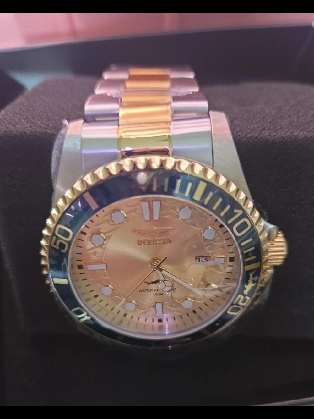 30022Invicta Pro Diver Current Wave 2-Tone Men's Watch Gold Dial Blue Bezel 43mm